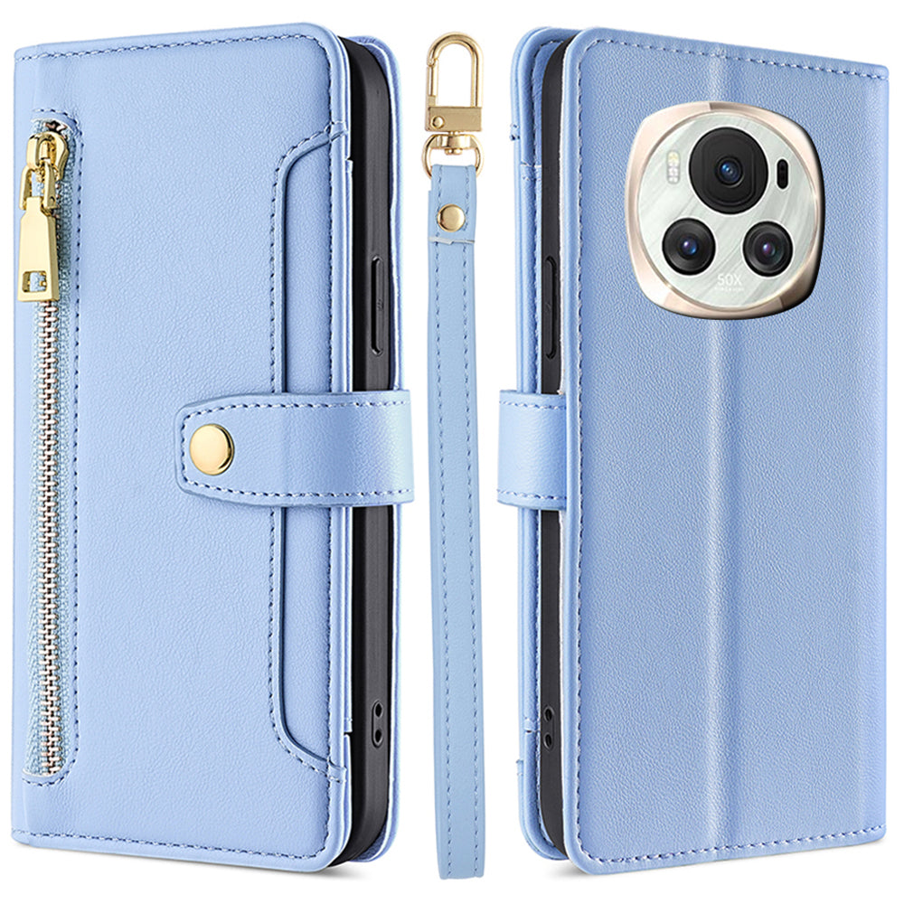 For Honor Magic6 5G Zipper Pocket Wallet Case Card Holder Leather Phone Cover with 2 Straps For Honor Magic6 5G Zipper Pocket Wallet Case Card Holder Leather Phone Cover with 2 Straps